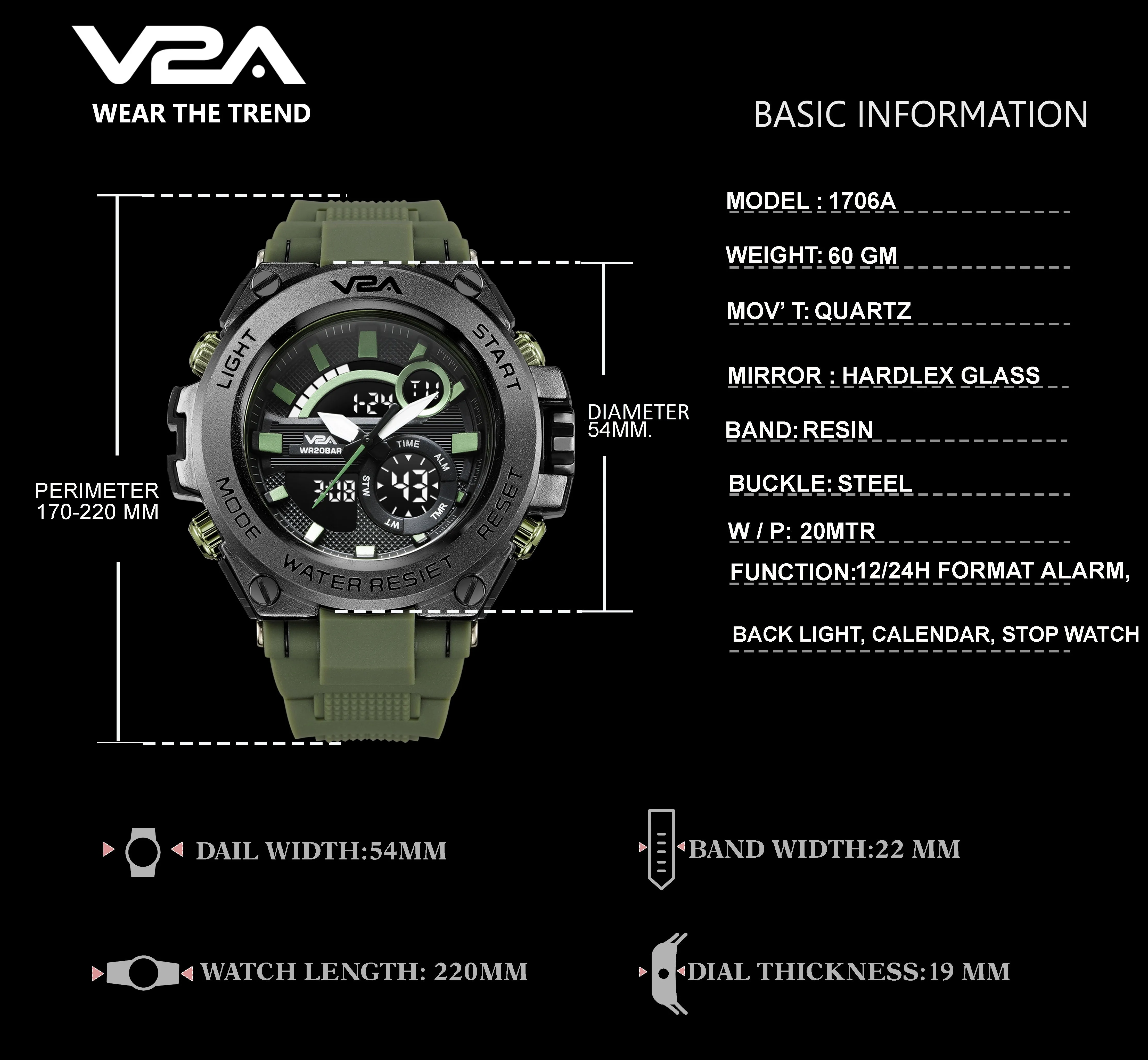 V2A Green Chronograph Analogue And Digital Sports Watch For Men and Boys