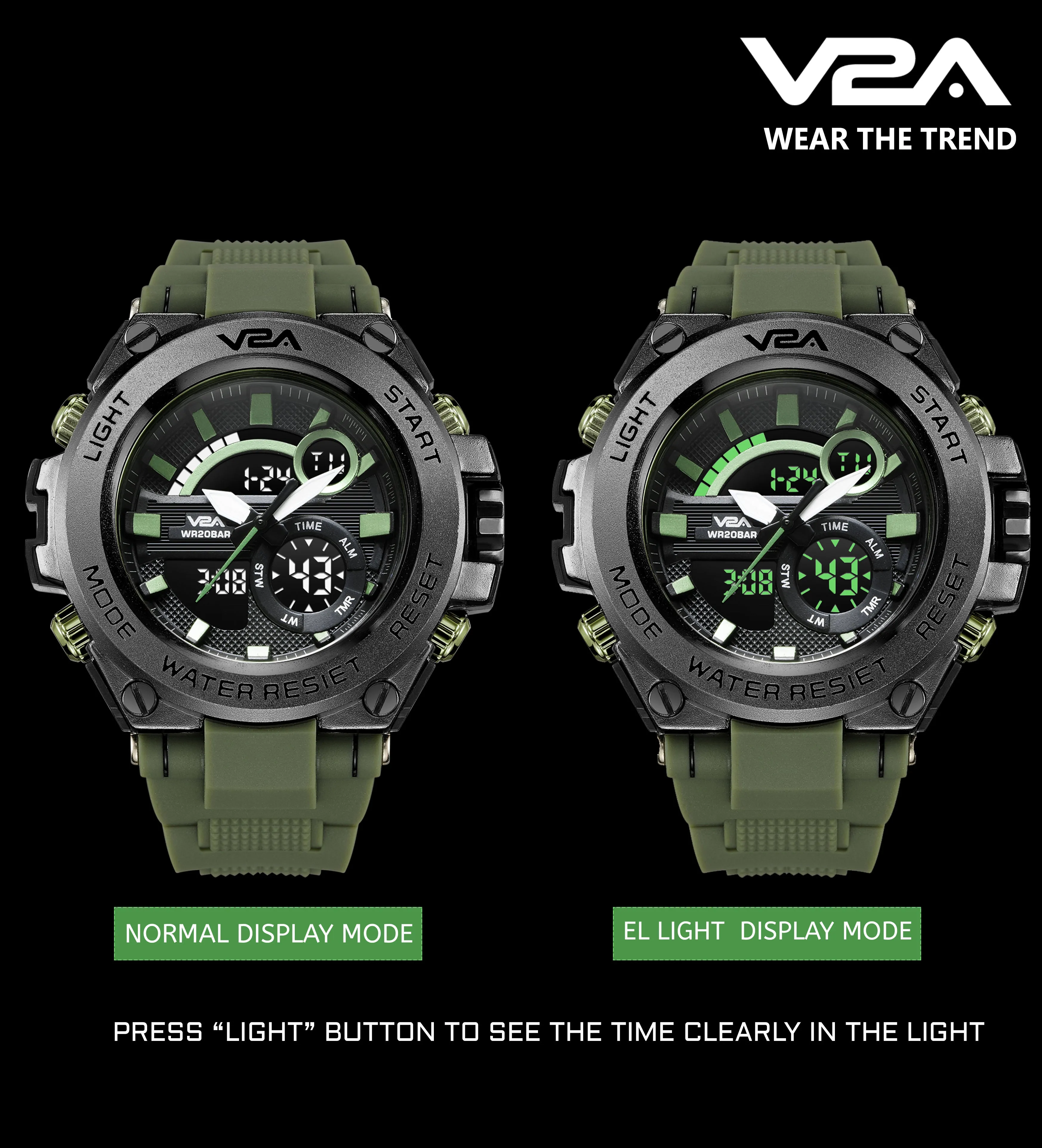 V2A Green Chronograph Analogue And Digital Sports Watch For Men and Boys