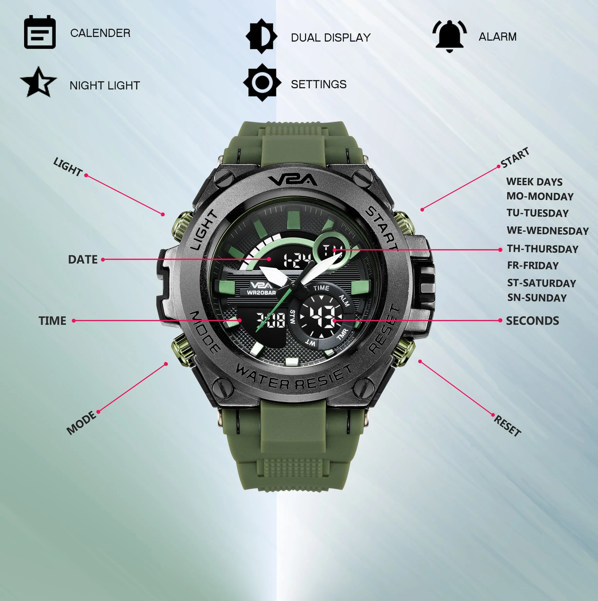 V2A Green Chronograph Analogue And Digital Sports Watch For Men and Boys