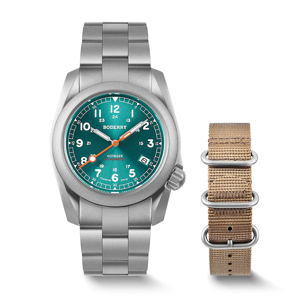 VOYAGER - 100M Waterproof Titanium Automatic Field Watch | Peacock Green-bracelet