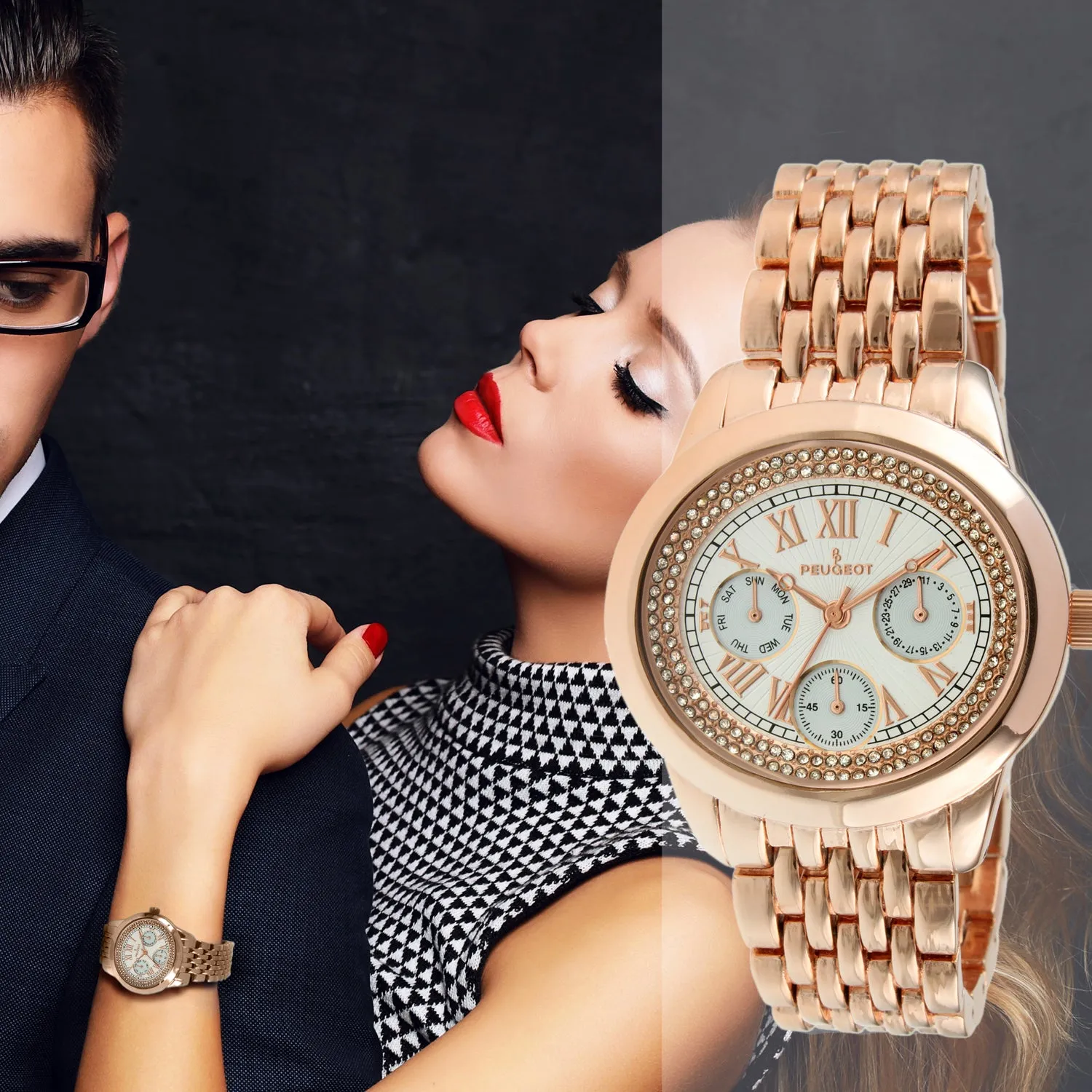 Women's Rose Gold 40mm Multi-Function Watch with Crystal Bezel